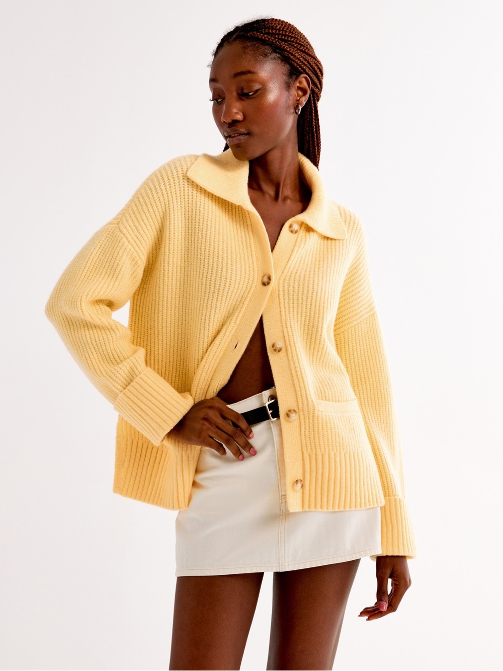 Abercrombie & Fitch Soft Yellow Button-Front Ribbed Cardigan